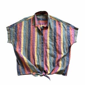 Madewell Striped Linen Blend Button Front Top Boxy Tie Front Short Sleeve Small
